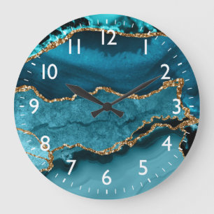 Teal Agate Gold Glitter Abstract Gemstone Large Clock