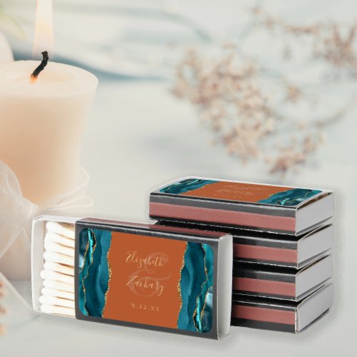 Teal Agate Gold Glitter Burnt Orange Wedding Matchboxes