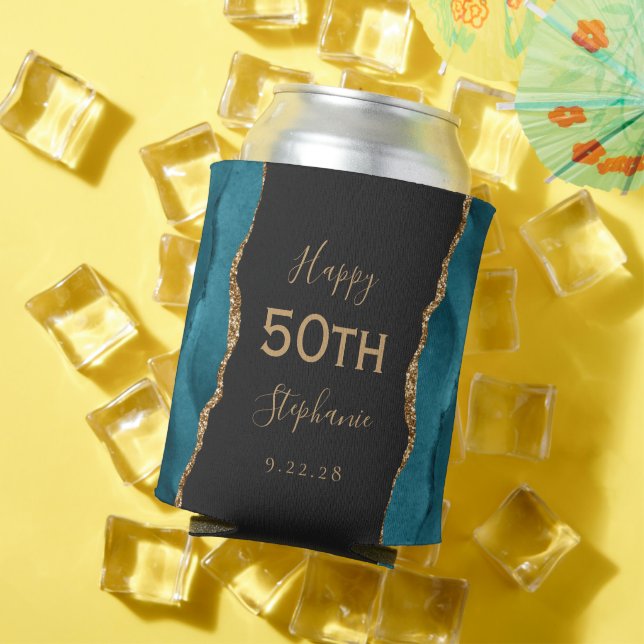 Teal Agate Gold Glitter Dark 50th Birthday Party Can Cooler (In Situ Summer)