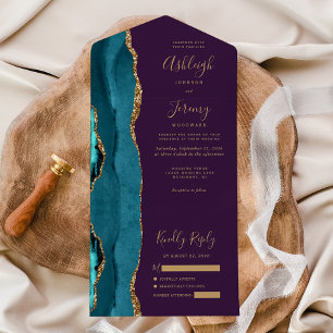 Teal Agate Gold Glitter Purple Wedding All In One Invitation
