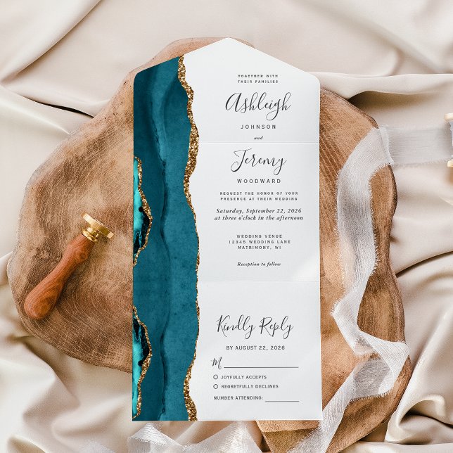 Teal Agate Gold Glitter Wedding All In One Invitation (Creator Uploaded)