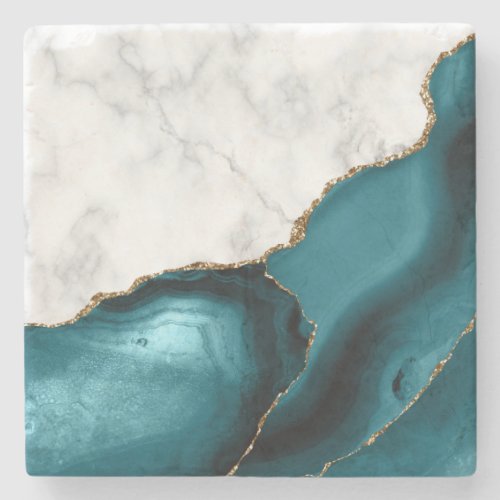 Teal Agate Gold Glitter White Faux Marble Stone Coaster