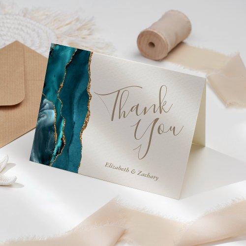 Teal Agate Gold Ivory Wedding Thank You Card