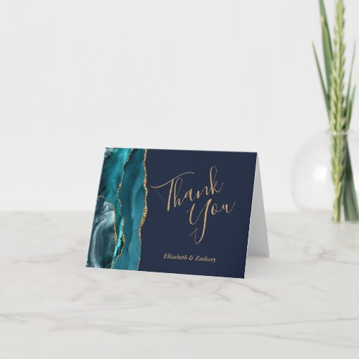 Teal Agate Gold Navy Blue Wedding Thank You Card | Zazzle