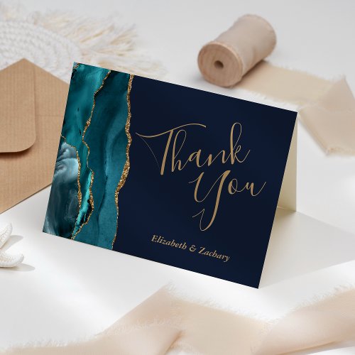 Teal Agate Gold Navy Blue Wedding Thank You Card