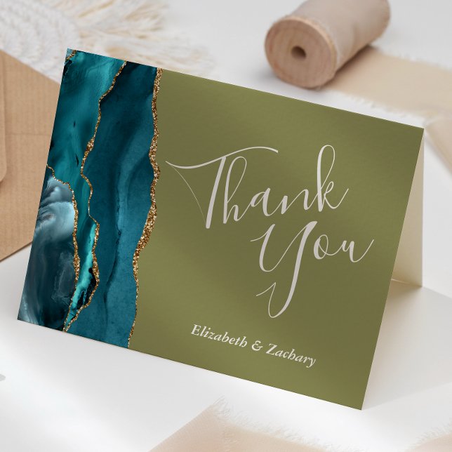 Teal Agate Gold Olive Green Wedding Thank You Card (Creator Uploaded)