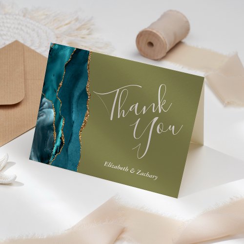 Teal Agate Gold Olive Green Wedding Thank You Card
