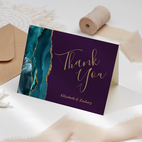 Teal Agate Gold Purple Wedding Thank You Card
