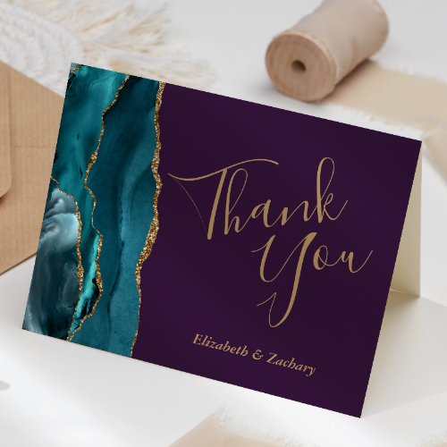 Teal Agate Gold Purple Wedding Thank You Card