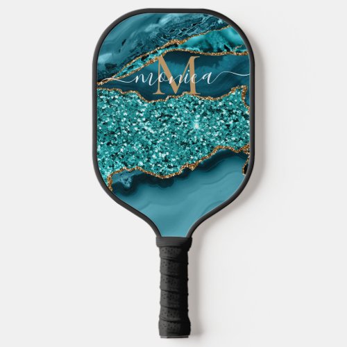 Teal Agate Gold  Sparkle Gold Monogrammed  Pickleball Paddle