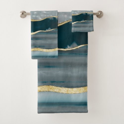 Teal Agate Gold Stripe Glam 1 gem decor art Bath Towel Set