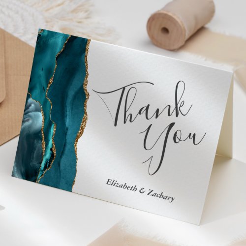 Teal Agate Gold Wedding Thank You Card