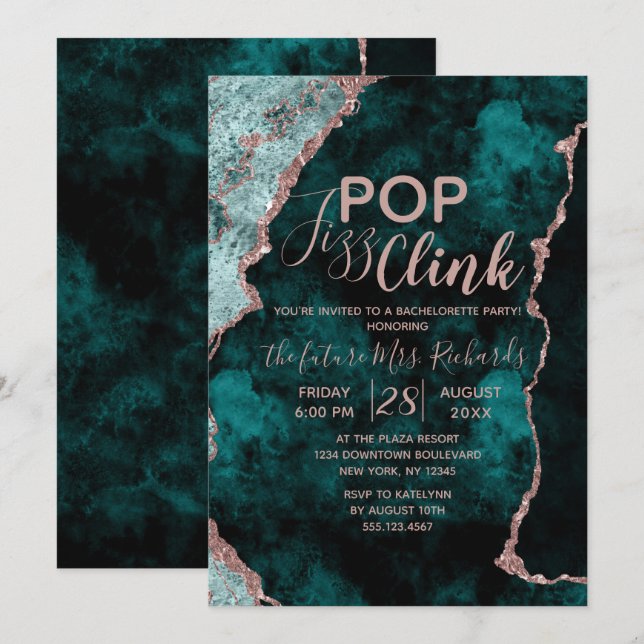 Teal Agate Pop Fizz Clink Bachelorette Party Invitation (Front/Back)