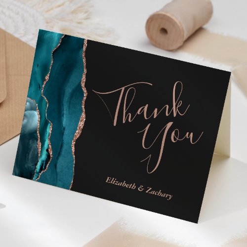 Teal Agate Rose Gold Dark Wedding Thank You Card