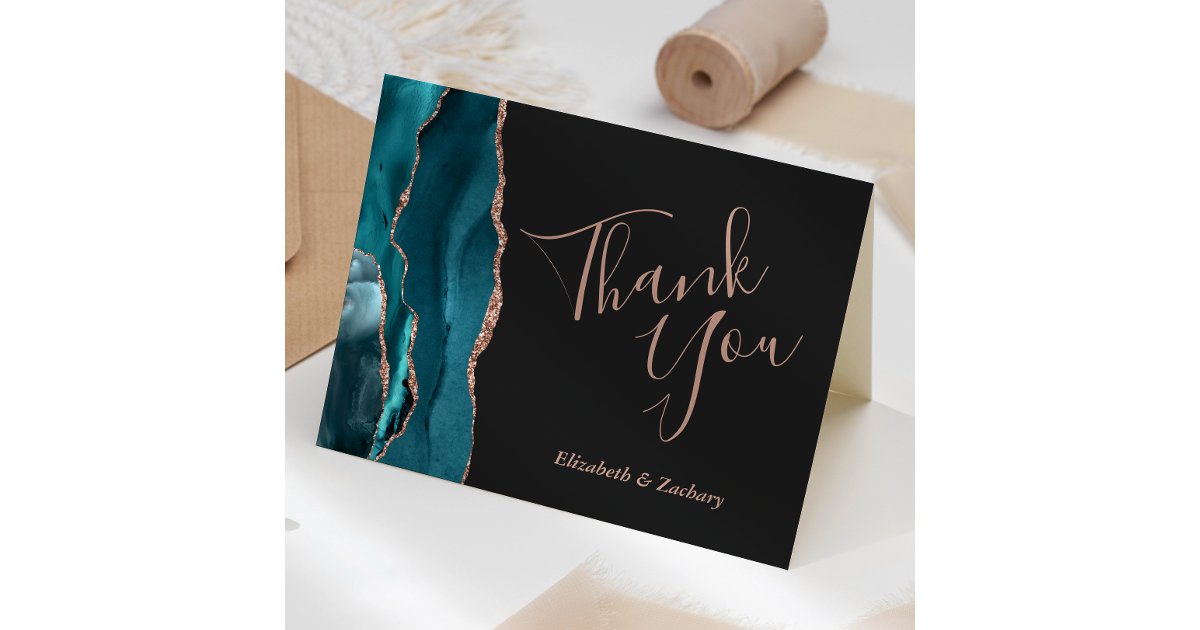 Teal Agate Rose Gold Dark Wedding Thank You Card | Zazzle