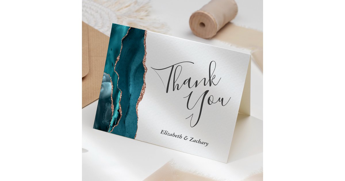 Teal Agate Rose Gold Wedding Thank You Card | Zazzle