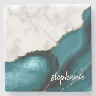 Teal Agate Signature White Marble Gold Stone Coaster