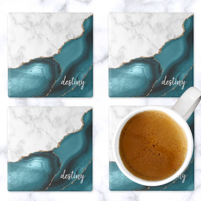 Teal Agate Signature White Marble Gold Stone Coaster (Creator Uploaded)