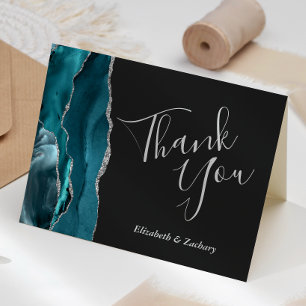 Teal Agate Silver Dark Wedding Thank You Card