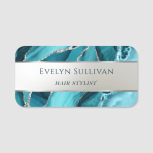 Teal Agate Silver Foil Name Tag