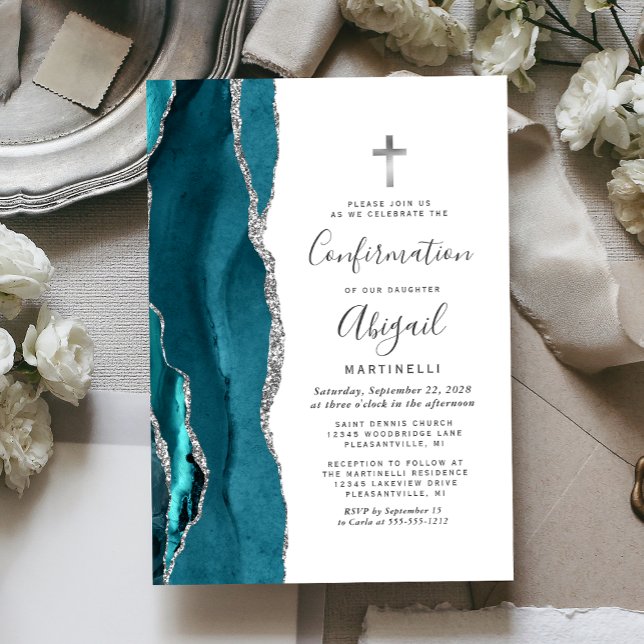 Teal Agate Silver Glitter Confirmation Invitation (Creator Uploaded)