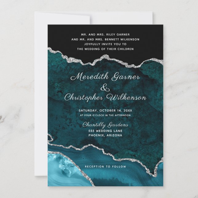 Teal Agate Silver Glitter Geode Formal Wedding Invitation (Front)