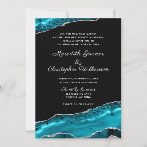 Teal Agate Silver Glitter Geode Formal Wedding Invitation