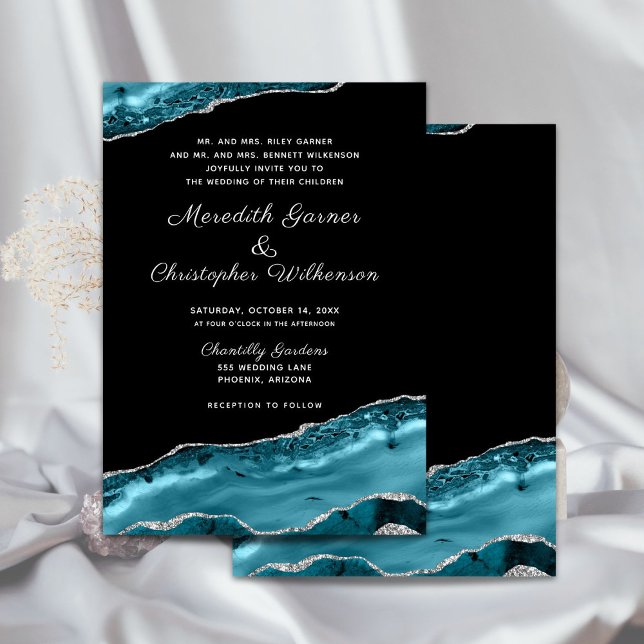 Teal Agate Silver Glitter Geode Formal Wedding Invitation (Creator Uploaded)