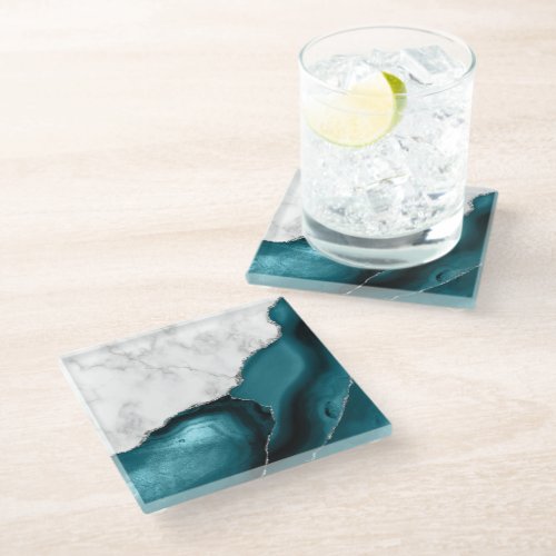 Teal Agate Silver Glitter White Faux Marble Glass Coaster