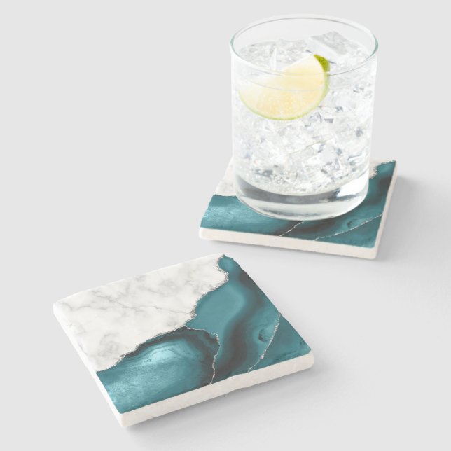 Teal Agate Silver Glitter White Faux Marble Stone Coaster (Side)
