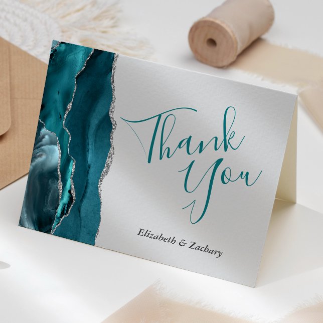 Teal Agate Silver Gray Wedding Thank You Card (Creator Uploaded)