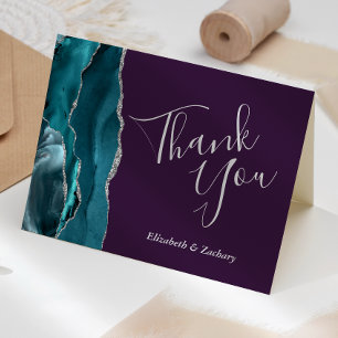 Teal Agate Silver Purple Wedding Thank You Card