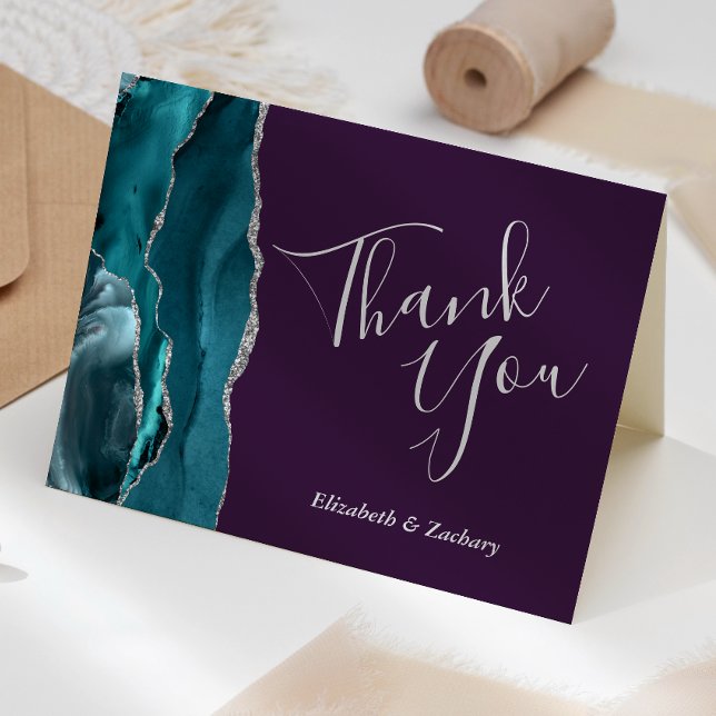Teal Agate Silver Purple Wedding Thank You Card (Creator Uploaded)