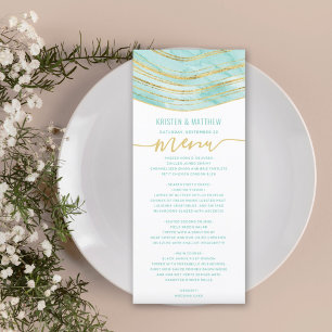 Teal Agate Watercolor Gold Glitter Lines Wedding Menu