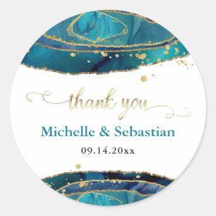 Teal Agate Watercolor Gold Thank You Classic Round Sticker