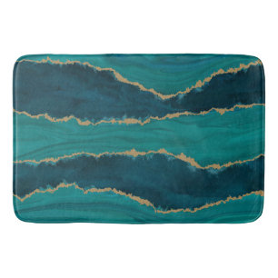 Teal Agate Waves – Abstract Marble with Gold Bath Mat