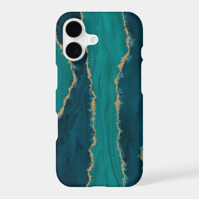 Teal Agate Waves – Abstract Marble with Gold Iphone Case (Back)