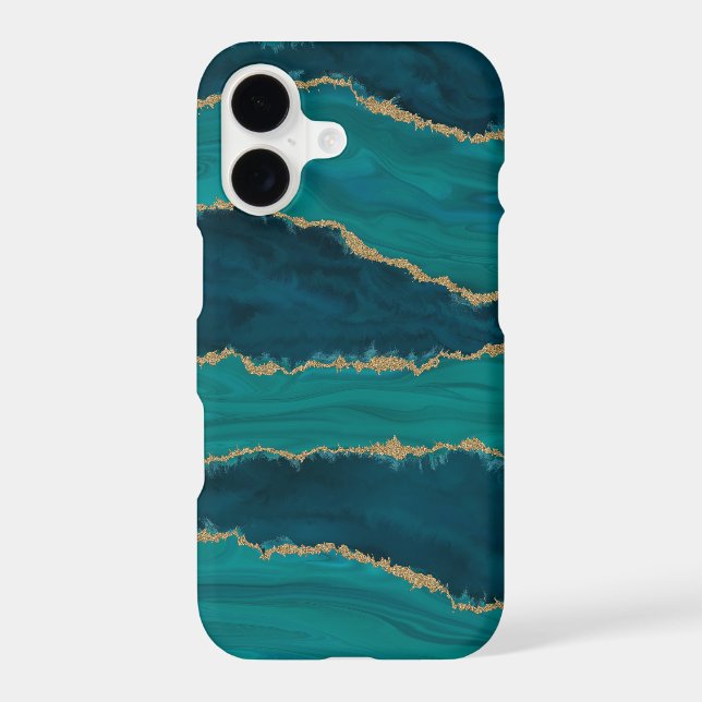 Teal Agate Waves – Abstract Marble with Gold iPhone Case (Back)