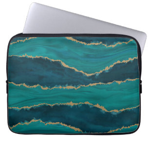 Teal Agate Waves – Abstract Marble with Gold Laptop Sleeve
