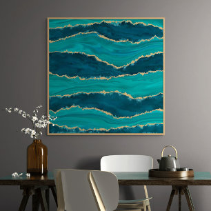 Teal Agate Waves – Abstract Marble with Gold Poster