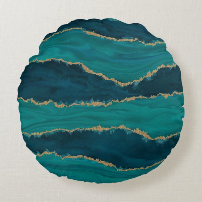 Teal Agate Waves – Abstract Marble with Gold Round Pillow (Front)