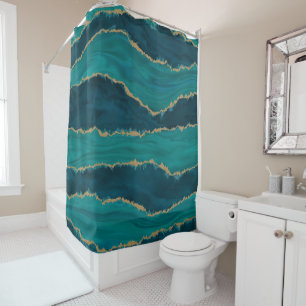 Teal Agate Waves – Abstract Marble with Gold Shower Curtain