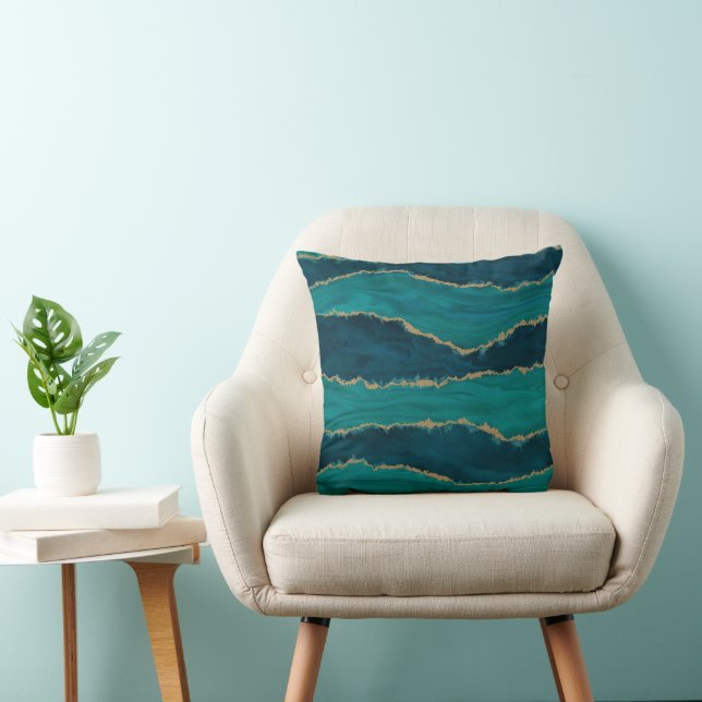 Teal Agate Waves – Abstract Marble with Gold Throw Pillow (Chair)