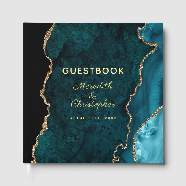 Teal Agate Wedding Gold Foil Guest Book (Front)