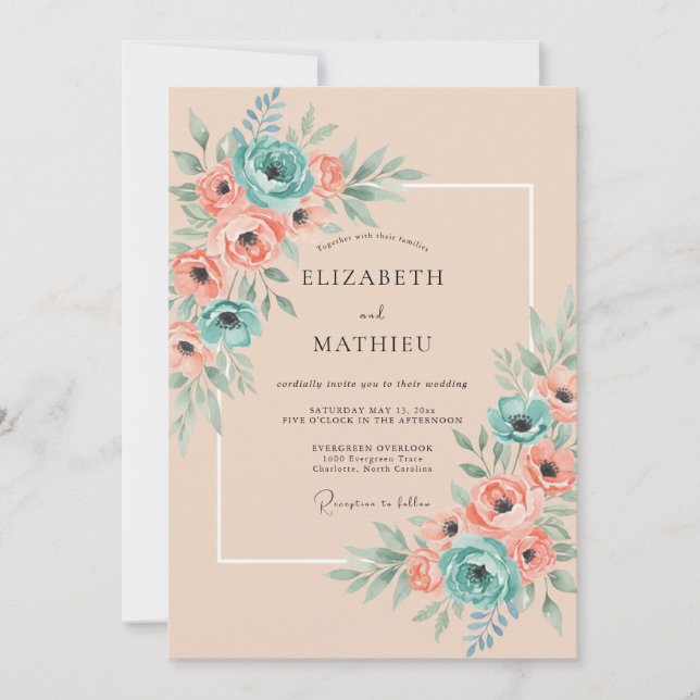 Teal Airy Watercolor Wedding Invitation (Front)