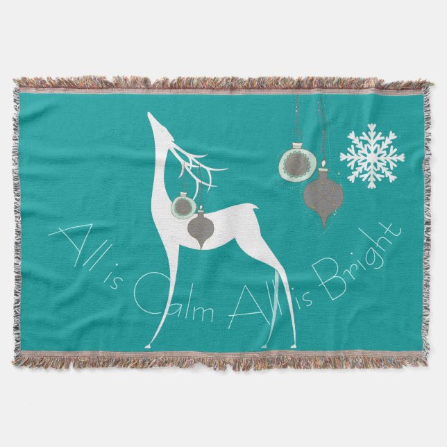 Teal All is Calm All is Bright Deer Holiday Throw Throw Blanket (Front)