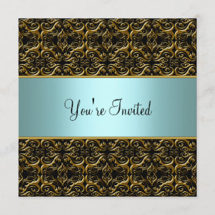 Teal All Occasion Black Damask Party Template Invi