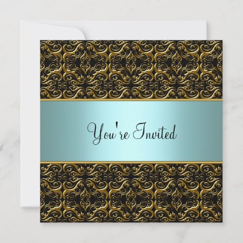 Teal All Occasion Black Damask Party Template Invi