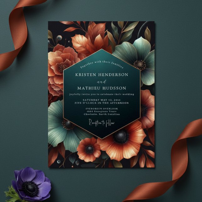 Teal Amber Floral Moody Wedding Invitation (Creator Uploaded)