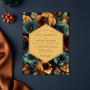 Teal Amber Floral Nocturne Wedding Invitation